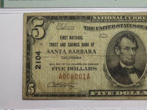 $5 1929 Santa Barbara California National Currency Bank Note Bill #2104 F15 PMG!