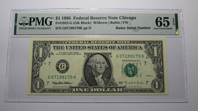 $1 1995 Radar Serial Number Federal Reserve Currency Bank Note Bill PMG UNC65EPQ