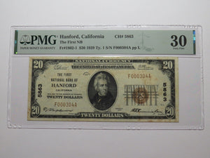 $20 1929 Hanford California National Currency Bank Note Bill Ch. #5863 VF30