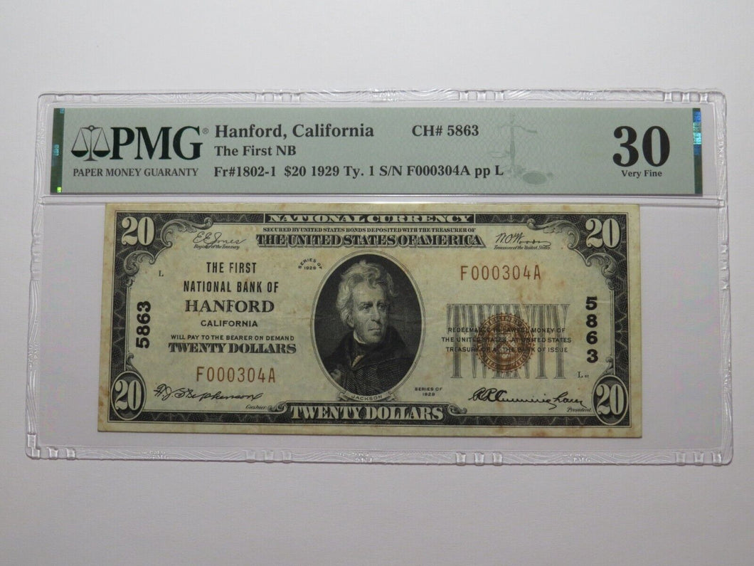 $20 1929 Hanford California National Currency Bank Note Bill Ch. #5863 VF30