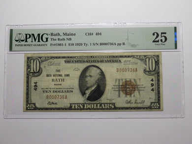 $10 1929 Bath Maine ME National Currency Bank Note Bill Charter #494 VF25 PMG