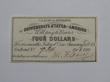 Load image into Gallery viewer, $4 1861 Confederate Bond Coupon Certificate Currency Bank Note Bill UNC