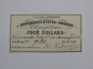 $4 1861 Confederate Bond Coupon Certificate Currency Bank Note Bill UNC