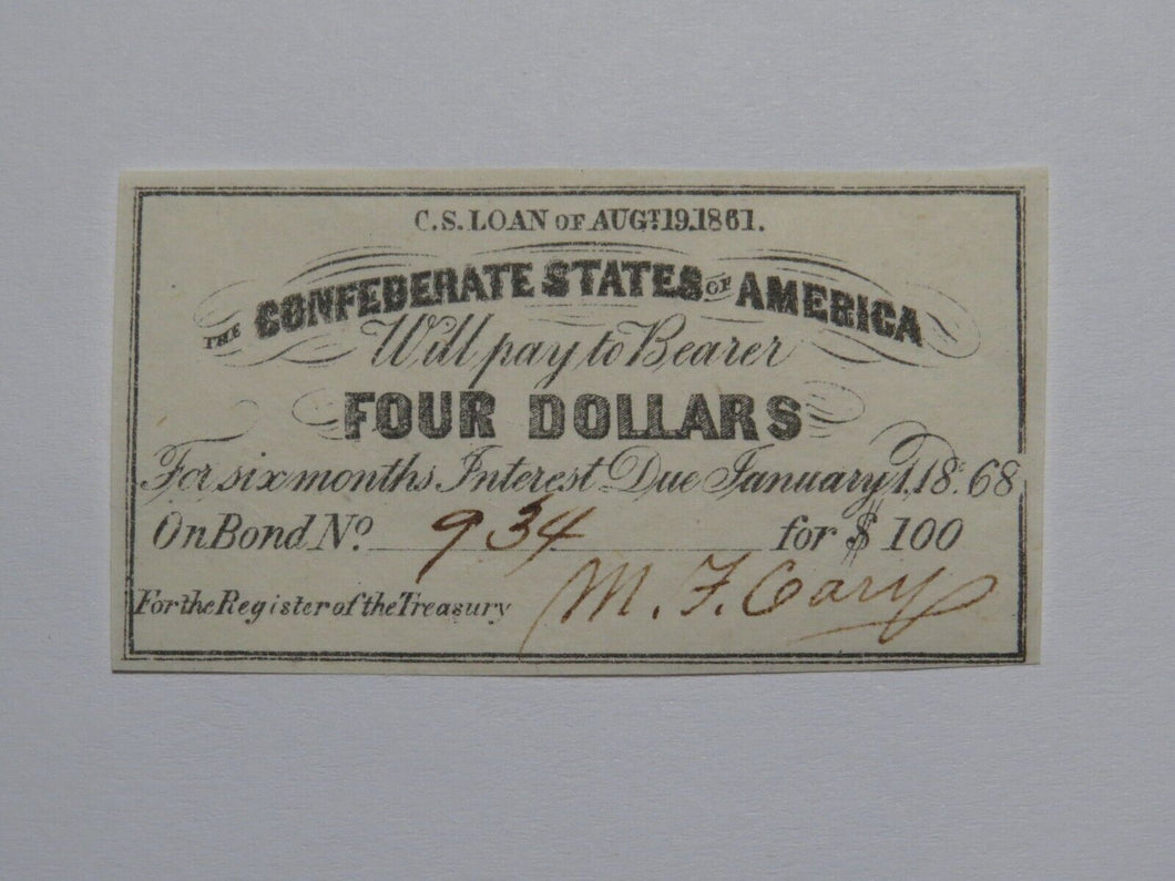 $4 1861 Confederate Bond Coupon Certificate Currency Bank Note Bill UNC
