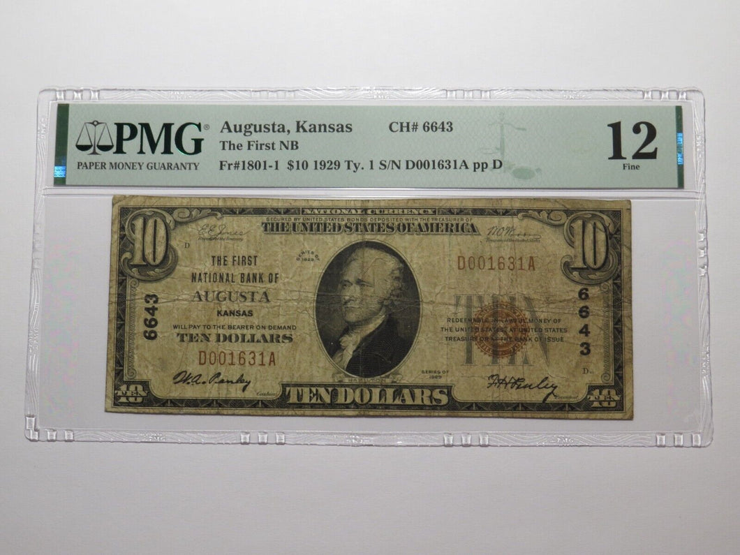 $10 1929 Augusta Kansas KS National Currency Bank Note Bill Ch. #6643 F12 PMG