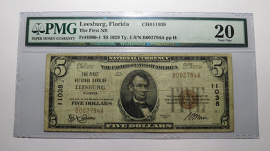$5 1929 Leesburg Florida FL National Currency Bank Note Bill Ch. #11038 VF20 PMG