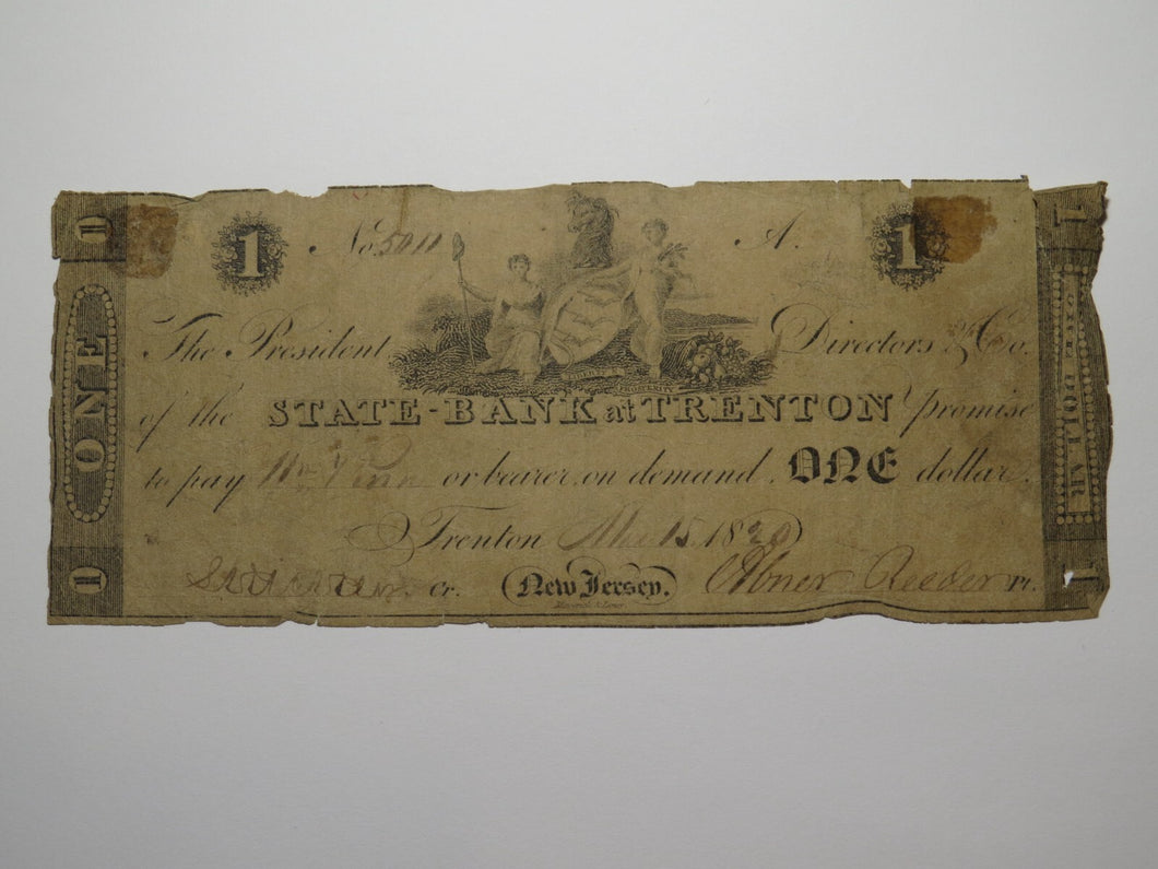 $1 1820 Trenton New Jersey NJ Obsolete Currency Bank Note Bill State Bank