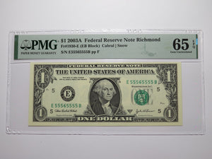 $1 2003 Near Solid Serial Number Federal Reserve Bank Note Bill UNC65 #55565555