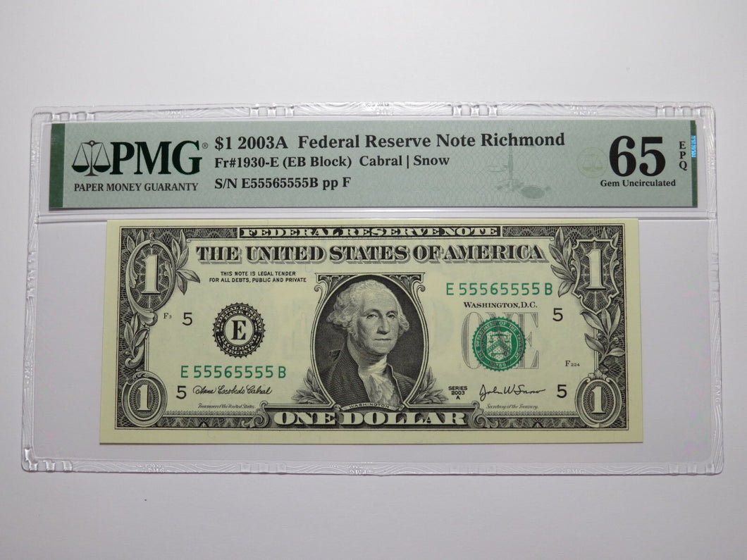 $1 2003 Near Solid Serial Number Federal Reserve Bank Note Bill UNC65 #55565555