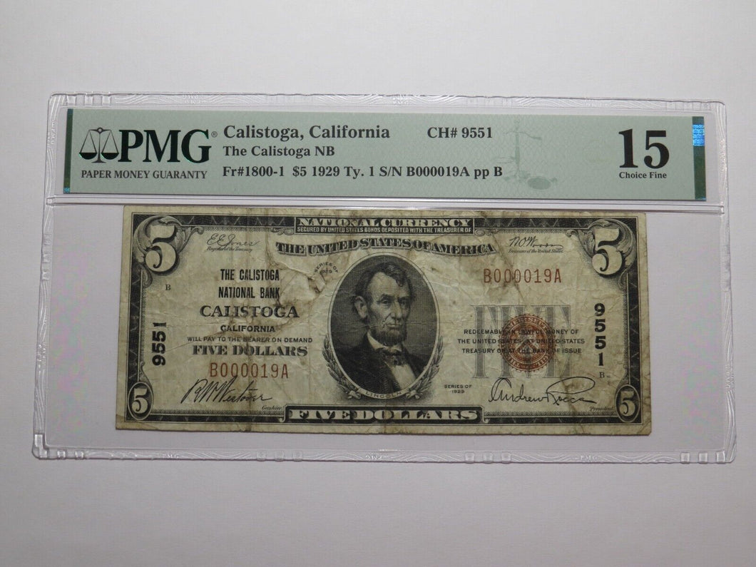$5 1929 Calistoga California National Currency Bank Note Bill Ch. #9551 F15 PMG