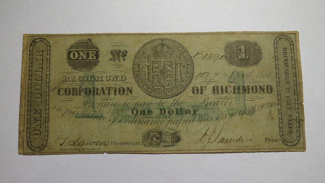 $1 1861 Winchester Virginia VA Obsolete Currency Bank Note Bill Corp. of Win