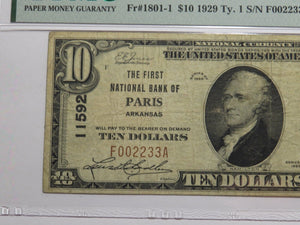 $10 1929 Paris Arkansas AR National Currency Bank Note Bill Ch. #11592 VF20 PMG