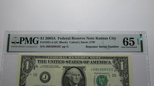 $1 2003 Repeater Serial Number Federal Reserve Currency Bank Note Bill PMG UNC65
