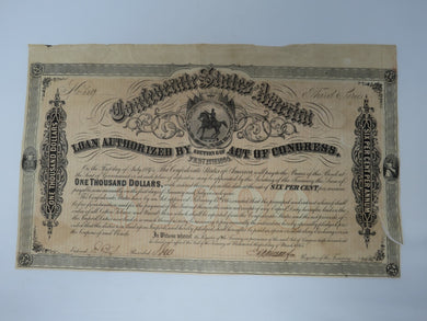 $1,000 1864 Confederate Bond Certificate Currency Bank Note UNC 15