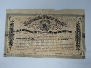 $1,000 1864 Confederate Bond Certificate Currency Bank Note UNC 15" X 9" USA