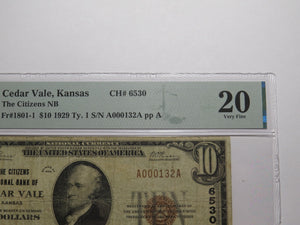 $10 1929 Cedar Vale Kansas KS National Currency Bank Note Bill Ch. #6530 VF20