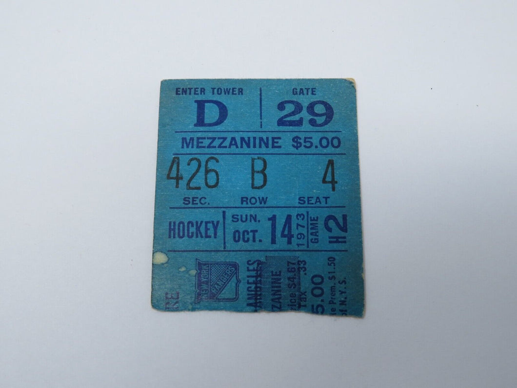 October 14, 1973 New York Rangers Vs. Los Angeles Kings NHL Hockey Ticket Stub