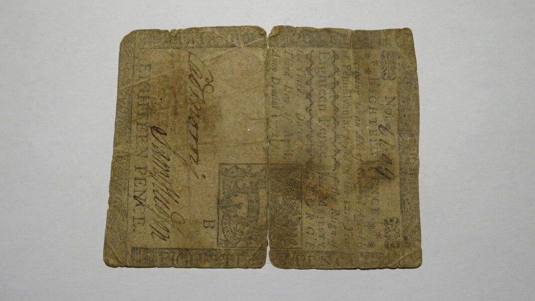 1772 18 Pence Pennsylvania PA Colonial Currency Note Bill! RARE ISSUE! 18d