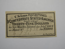Load image into Gallery viewer, $35 1863 Confederate Bond Coupon Certificate Currency Bank Note Bill UNC