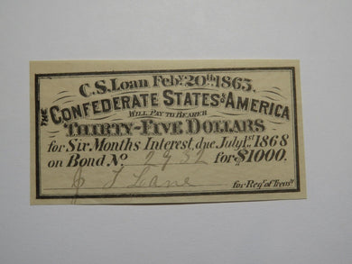 $35 1863 Confederate Bond Coupon Certificate Currency Bank Note Bill UNC