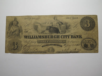 $3 1861 Williamsburgh New York NY Obsolete Currency Bank Note Bill City Bank