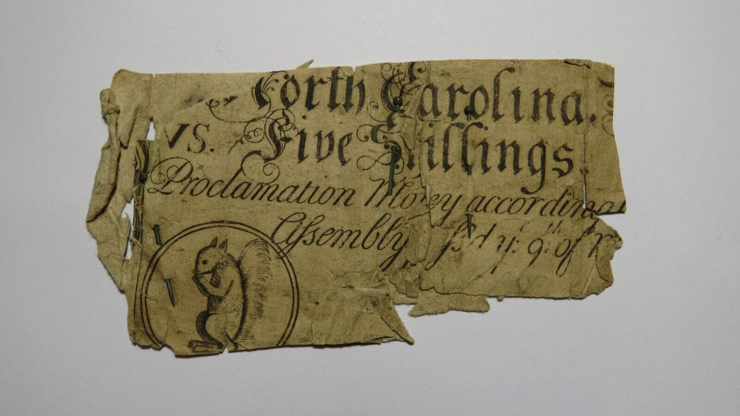 1754 Five Shillings North Carolina NC Colonial Currency Note Bill 5s RARE