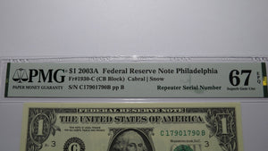 $1 2003 Repeater Serial Number Federal Reserve Currency Bank Note Bill PMG UNC67