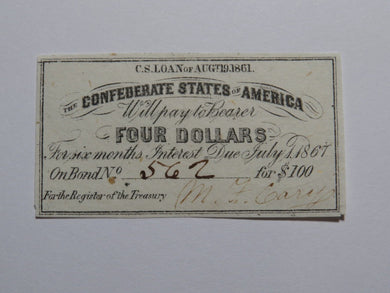 $4 1861 Confederate Bond Coupon Certificate Currency Bank Note Bill UNC