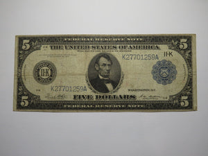 $5 1914 Dallas Texas TX Federal Reserve Large Bank Note Currency Bill FINE