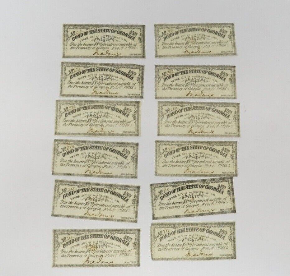 12 Sequential $8 1863 Georgia Bond Coupons! Obsolete Currency Bank Note Bills