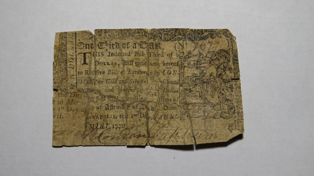 1770 $1/3 Maryland MD Colonial Currency Bank Note Bill RARE One Third Dollar!