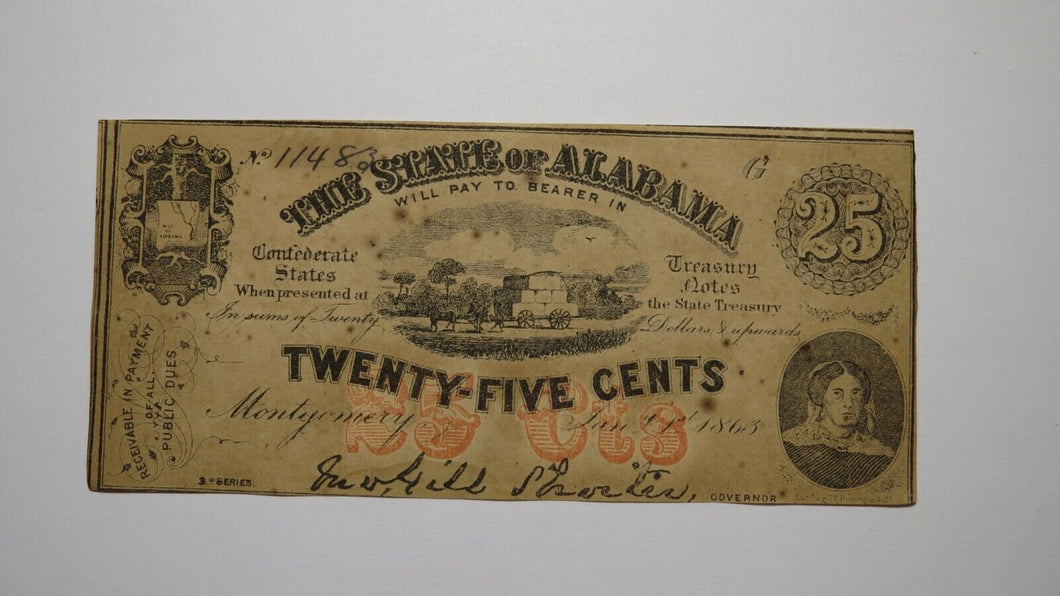 $.25 1863 Montgomery Alabama Obsolete Currency Bank Note Bill AU! Plate G