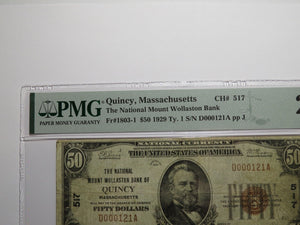 $50 1929 Quincy Massachusetts MA National Currency Bank Note Bill Ch. #517 VF20