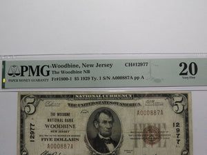 $5 1929 Woodbine New Jersey NJ National Currency Bank Note Bill Ch. #12977 VF20