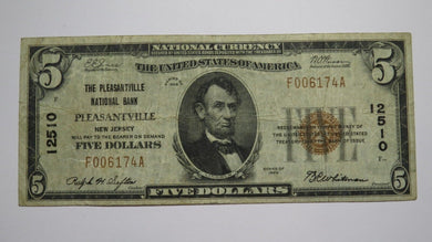 $5 1929 Pleasantville New Jersey NJ National Currency Bank Note Bill `#12510 VF