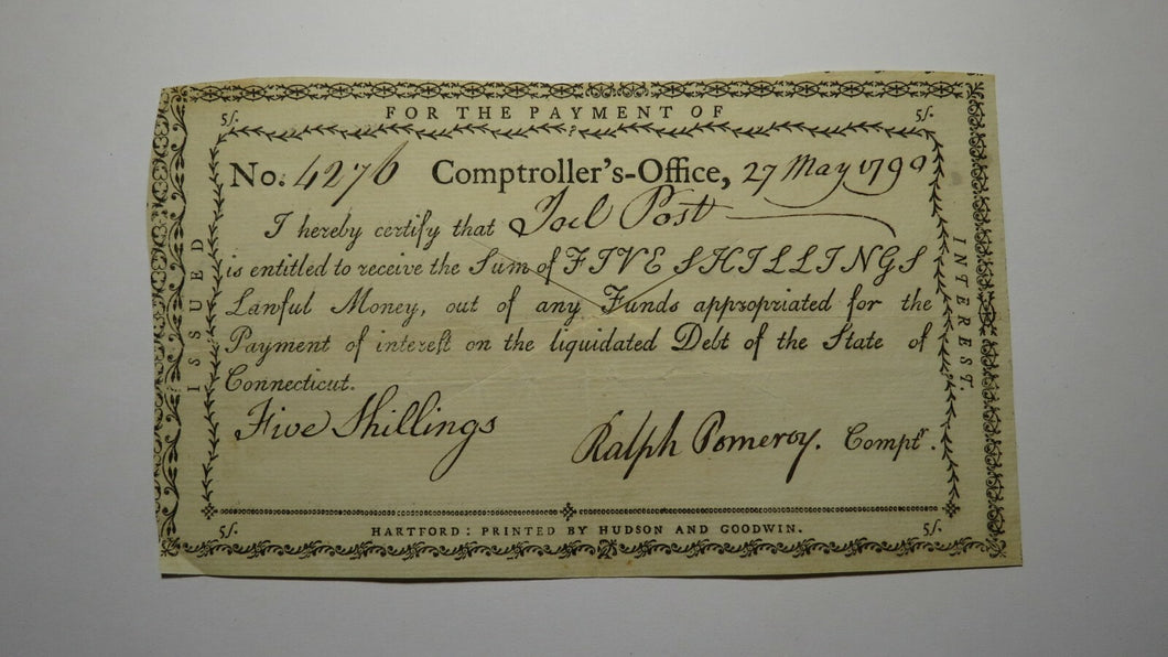 1790 5 Shillings Connecticut Comptroller's Office Colonial Currency Note Pomeroy