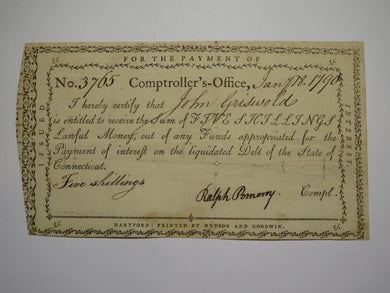 1790 5 Shillings Connecticut Comptroller's Office Colonial Currency Note Pomeroy