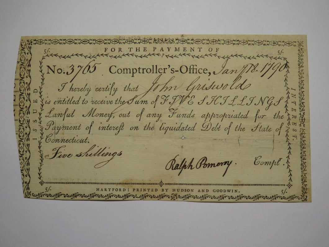 1790 5 Shillings Connecticut Comptroller's Office Colonial Currency Note Pomeroy