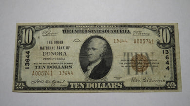 $10 1929 Donora Pennsylvania PA National Currency Bank Note Bill! Ch. #13644 VF