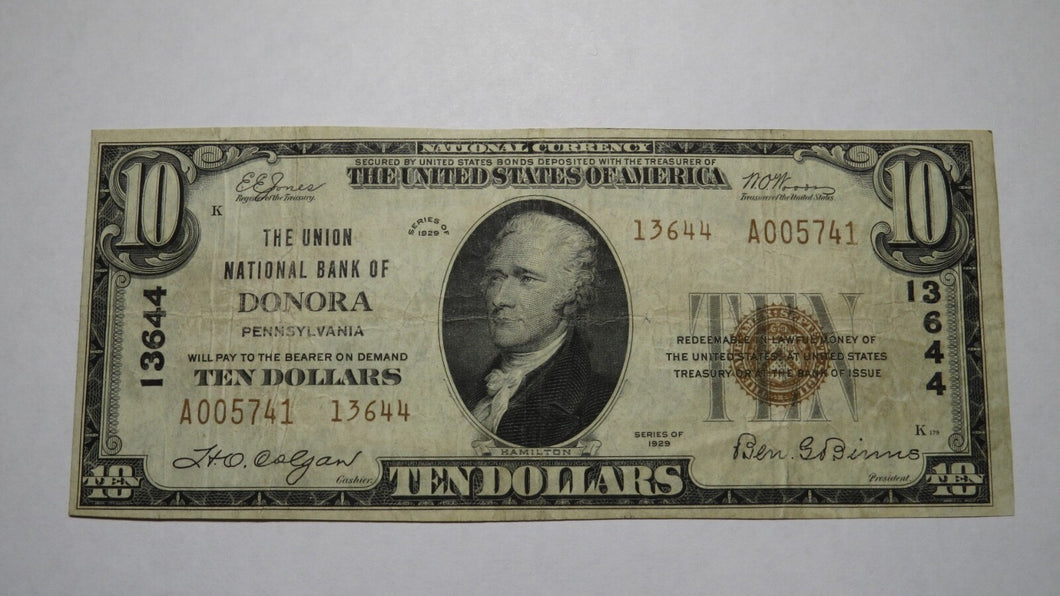 $10 1929 Donora Pennsylvania PA National Currency Bank Note Bill! Ch. #13644 VF
