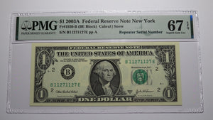 $1 2003 Repeater Serial Number Federal Reserve Currency Bank Note Bill PMG UNC67