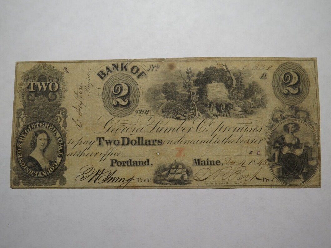 $2 1845 Portland Maine ME Obsolete Currency Bank Note Bill! Georgia Lumber Co.