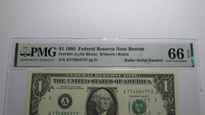 $1 1995 Radar Serial Number Federal Reserve Currency Bank Note Bill PMG UNC66EPQ
