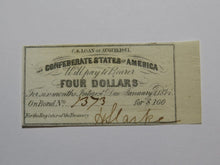 Load image into Gallery viewer, $4 1861 Confederate Bond Coupon Certificate Currency Bank Note Bill UNC