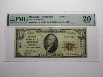 $10 1929 Okmulgee Oklahoma OK National Currency Bank Note Bill Ch #6241 VF20 PMG