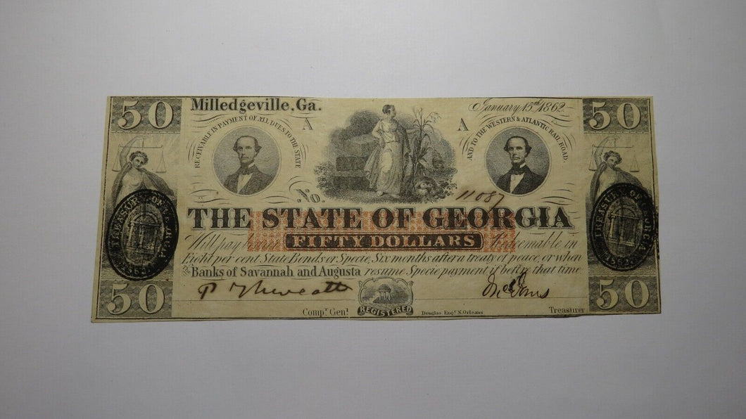$50 1862 Milledgeville Georgia GA Obsolete Currency Bank Note Bill State of GA