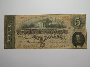 $5 1864 Richmond Virginia VA Confederate Currency Bank Note Bill RARE T69 FINE