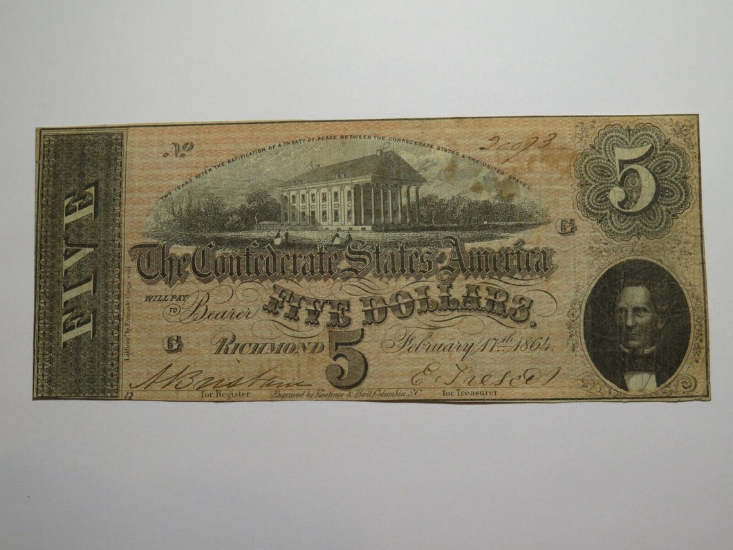 $5 1864 Richmond Virginia VA Confederate Currency Bank Note Bill RARE T69 FINE