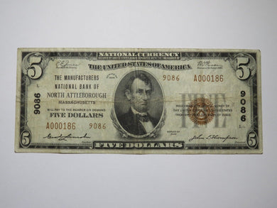 $5 1929 North Attleborough Massachusetts National Currency Bank Note Bill #9086