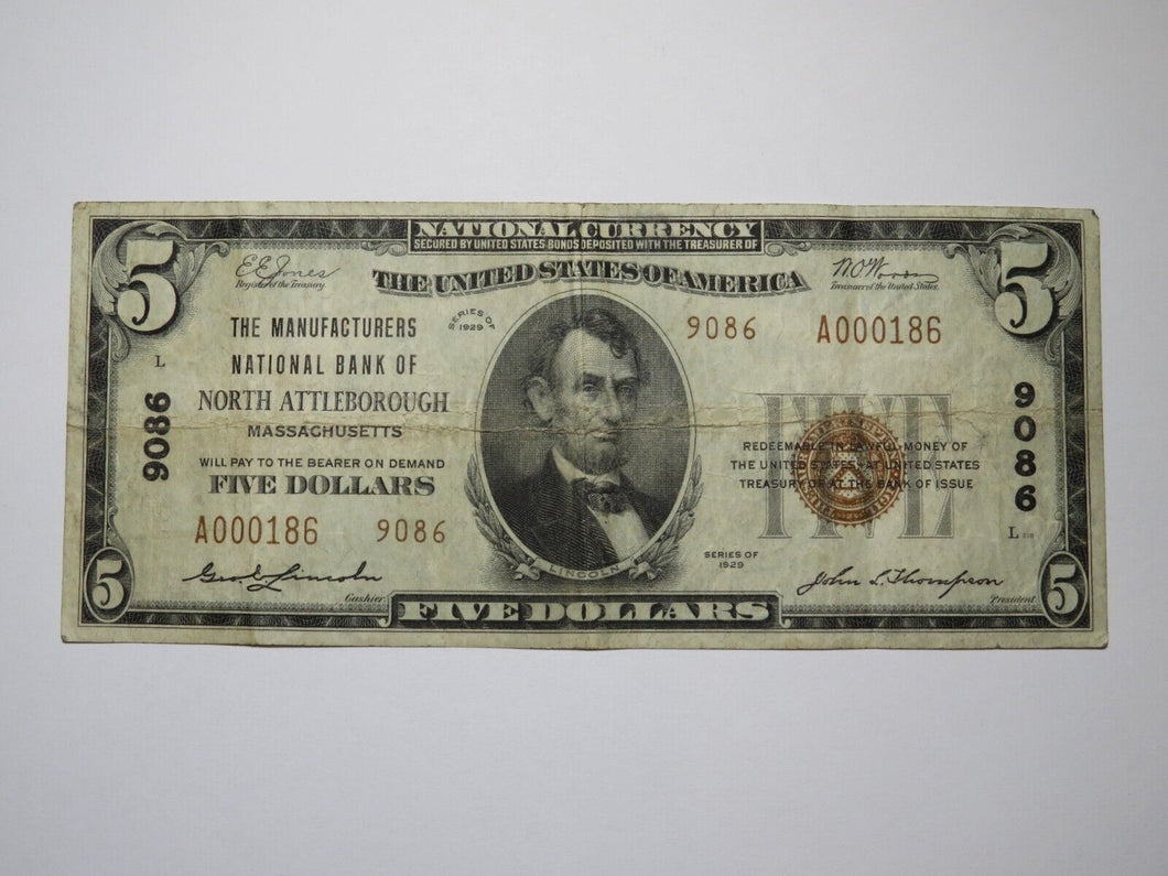 $5 1929 North Attleborough Massachusetts National Currency Bank Note Bill #9086